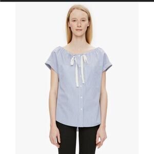 Theory blue striped cotton tie front short sleeve blouse top size medium button